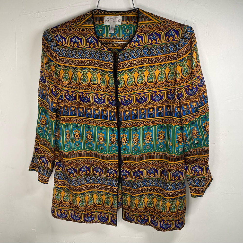 VTG Adrianna Papell 100% Silk Baroque Print Blazer Jacket Top - Size 10